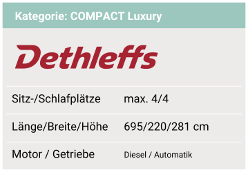 COMPACT Luxury Dethleffs Globebus I6 Max. 4 Sitz- und 4 Schlafplätze. Länge 695 cm / Breite 220 cm / Höhe 281 cm. Dieselmotor. Automatikgetriebe.