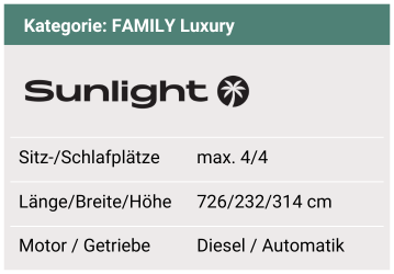 Max. 4 Shlaf- und 4 Sitzplätze. Länge 736 cm / Breite 232 cm / Höhe 315 cm. Dieselmotor. Automatikgetriebe.