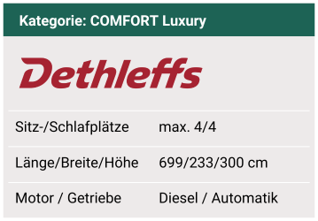 Max. 4 Shlaf- und 4 Sitzplätze. Länge 699 cm / Breite 233 cm / Höhe 300 cm. Dieselmotor. Automatikgetriebe.