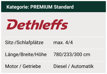 Max. 4 Shlaf- und 4 Sitzplätze. Länge 480 cm / Breite 233 cm / Höhe 300 cm. Dieselmotor. Automatikgetriebe.