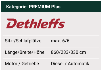 Max. 6 Shlaf- und 6 Sitzplätze. Länge 860 cm / Breite 233 cm / Höhe 330 cm. Dieselmotor. Automatikgetriebe.