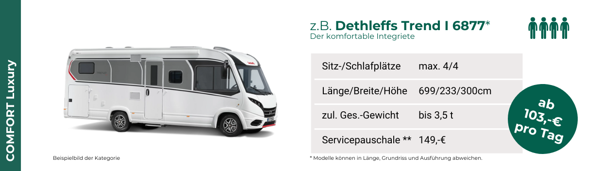 Fahrzeugkategorie. COMFORT Luxury. Zum Beispiel: Dethleffs Trend I 6877.