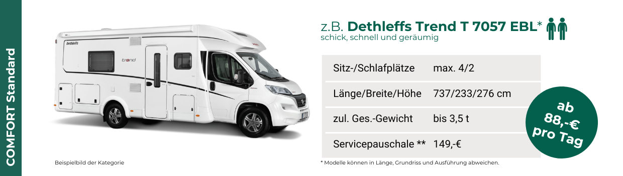 Fahrzeugkategorie. COMFORT Standard. Zum Beispiel: Dethleffs Trend T 7057 EBL.