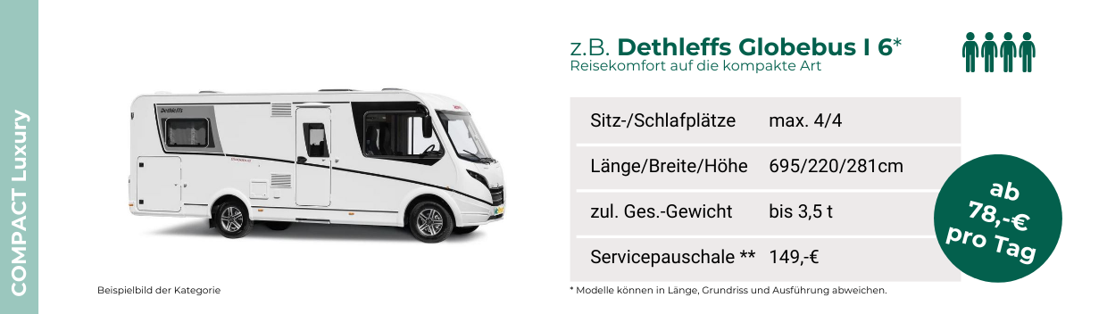 Fahrzeugkategorie. COMPACT Luxury. Zum Beispiel: Dethleffs Globebus I 6.