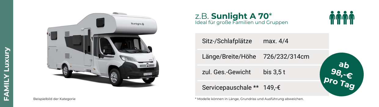 Fahrzeugkategorie. FAMILY Luxury. Zum Beispiel: Sunlight A 70.