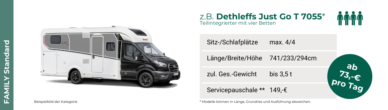 Fahrzeugkategorie. FAMILY Standard. Zum Beispiel: Dethleffs Just Go T 7055