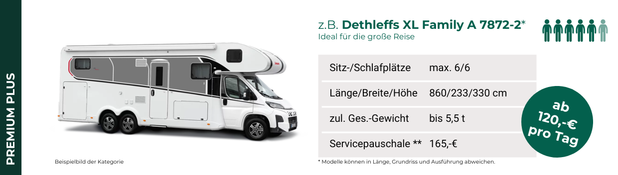 Fahrzeugkategorie. PREMIUM Plus. Zum Beispiel: Dethleffs XL Family A 7872-2.