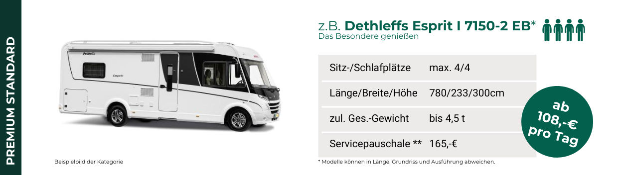 Fahrzeugkategorie. PREMIUM Standard. Zum Beispiel: Dethleffs Esprit I 7150-2 EB.