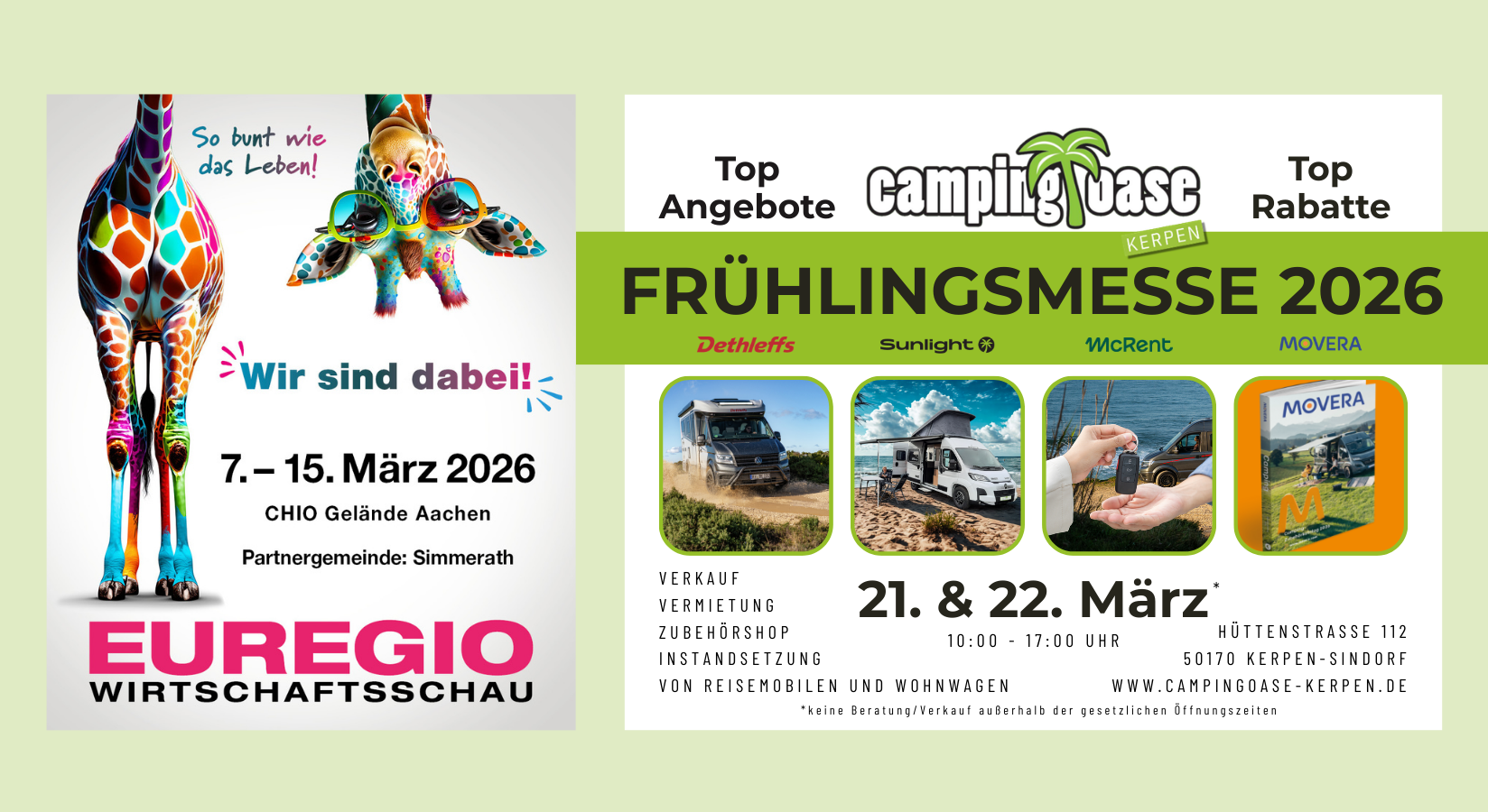 Euregio Wirtschatfsschau und wir sind mit dabei, vom 07.03.-15.03.2026. Unsere Frühlingsmesse findet am 21.03. und 22.03.2026 in der Zeit von 10:00 Uhr - 17:00 Uhr statt.